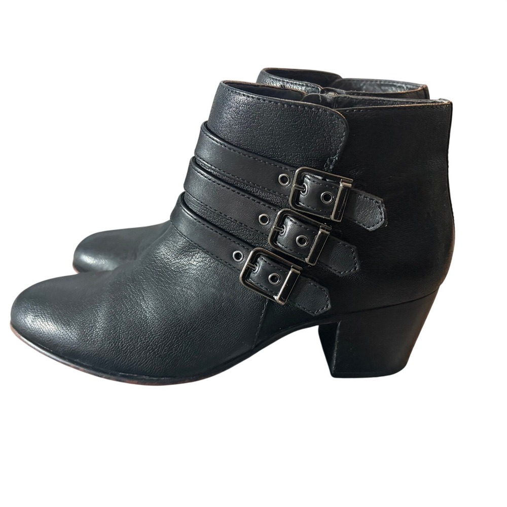 Clarks Womens Black Leather Triple Buckle Moto Ankle Boots Block Heel 7.5 Y2K